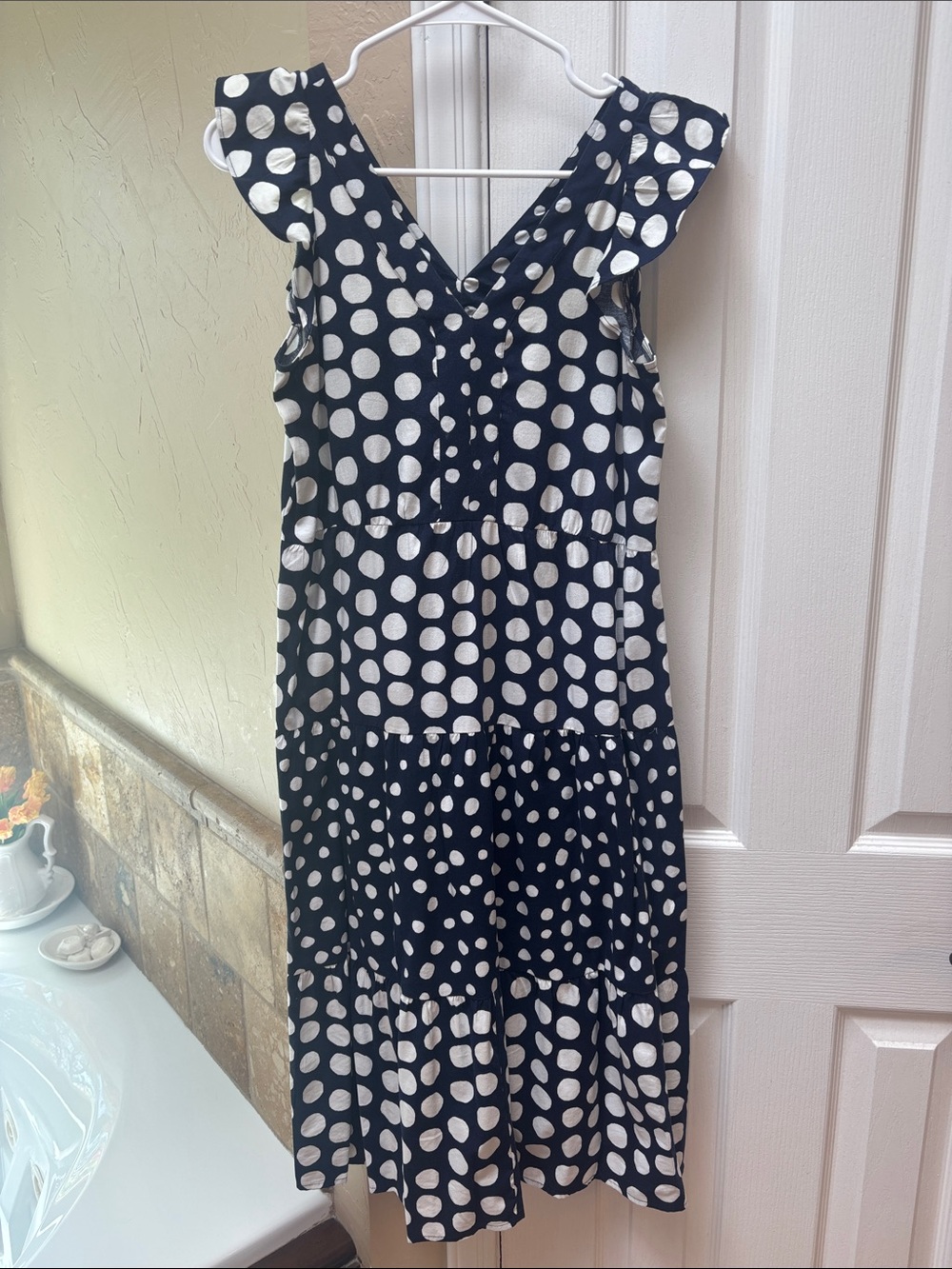 LOFT Navy and White Polka Dot V-Neck Tiered Midi Dress